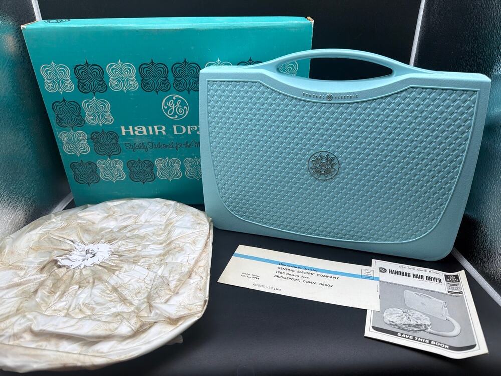 Vintage GE Handbag Hair Dryer HC1 Blue Portable Bonnet Hood Case Tested Works